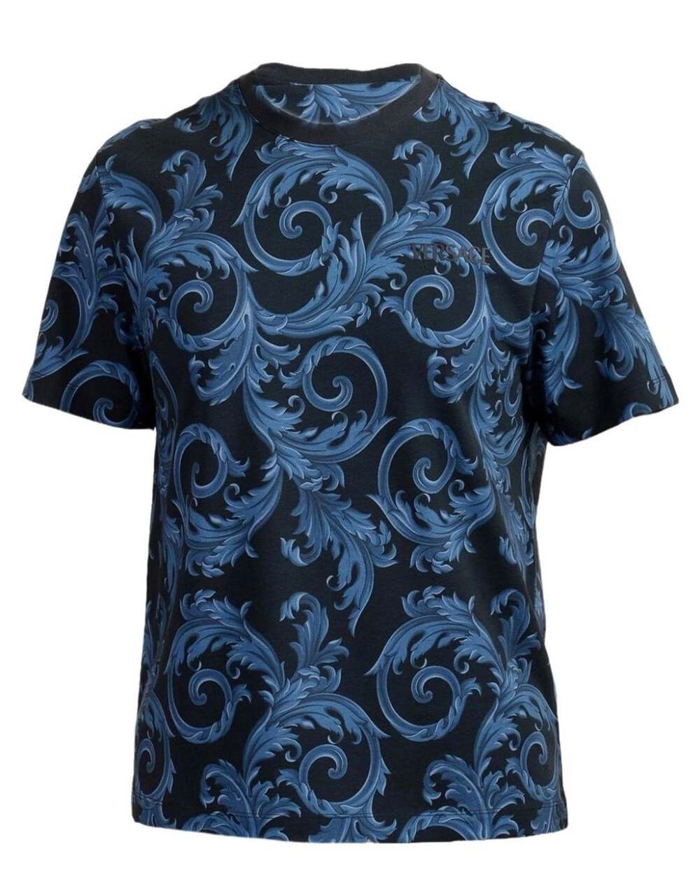 Versace Leafy Baroque Cotton Jersey T-Shirt Blue New
